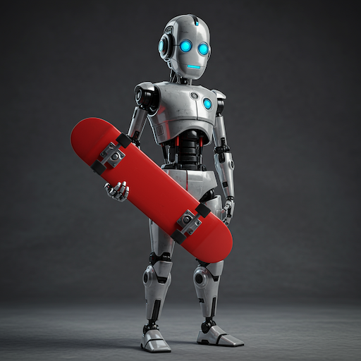 赤いスケートボードを持ったロボットの AI 生成画像