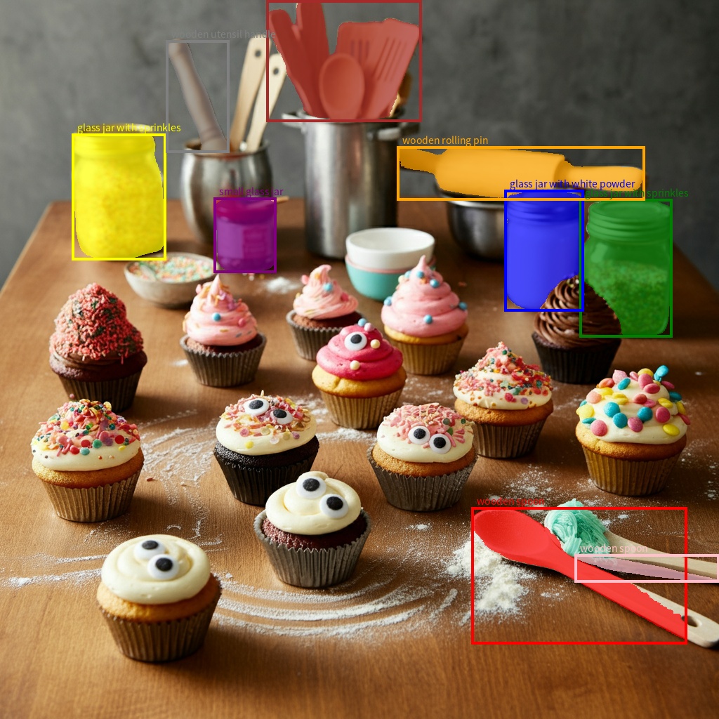 Ein Tisch mit Cupcakes, auf dem die Holz- und Glasobjekte hervorgehoben sind